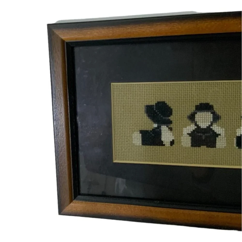 Amish Wall Decor Vintage Needlepoint Traditional Dressed Farmhouse Black White